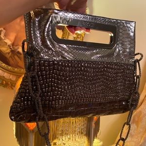 Just Cavalli folding bag in patent faux gray/brown leather with charcoal accents